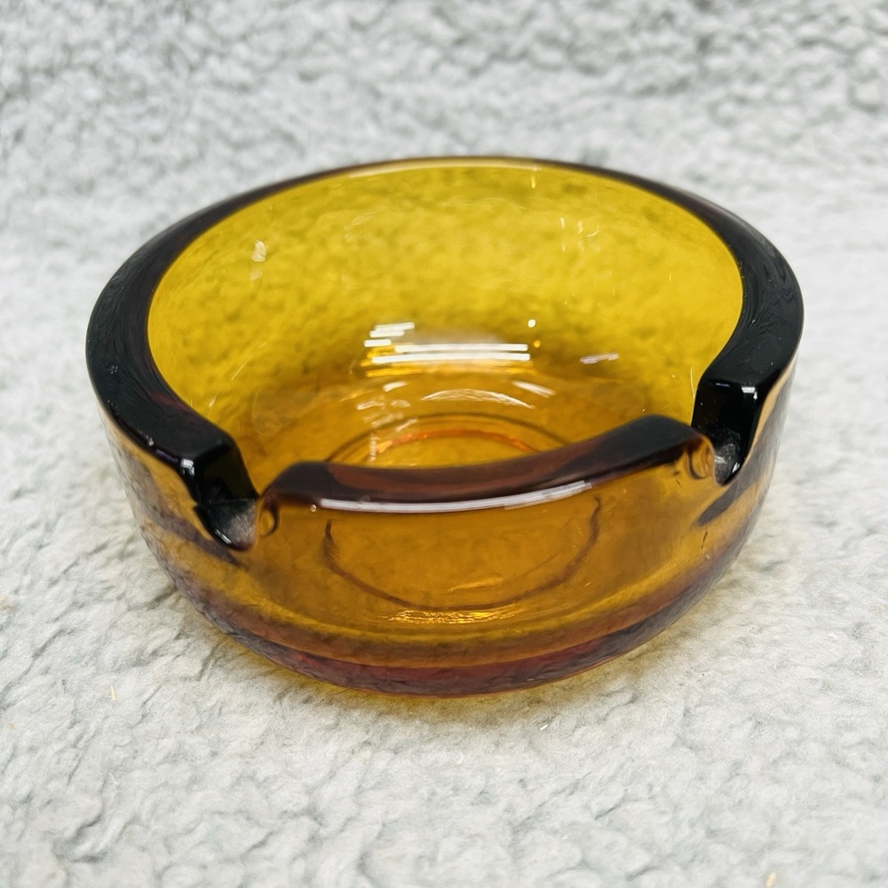 Amber Glass Ashtray Mid Century Modern Gold Color Thick 2 Slots 3.75" Width